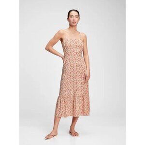 GAP Midi Dress Coral White Sundress Abstract Women’s Smocked Rayon Sleeveless 10